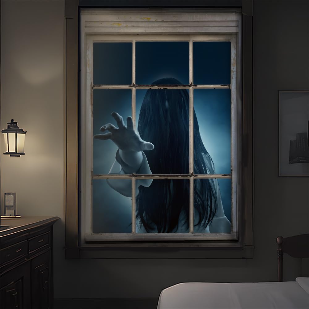 Decoración de ventana de Halloween, cortina de fantasma femenino, decoración aterradora para la pared de la puerta de la ventana, decoración de