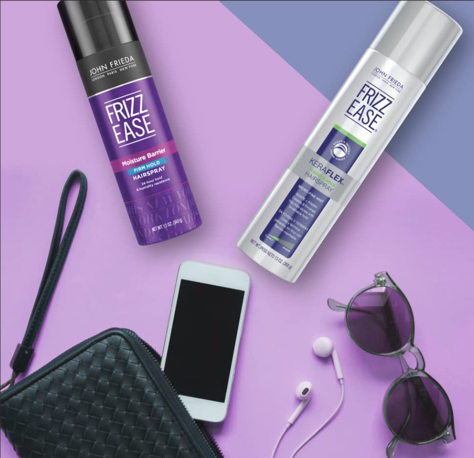 JOHN FRIEDA HairSpray Frizz Ease Firm Hold Anti Frizz para cabello seco y dañado LONDON PARIS NEW YORK paquete de 3 2 onzas, tamaño mini, tamaño de