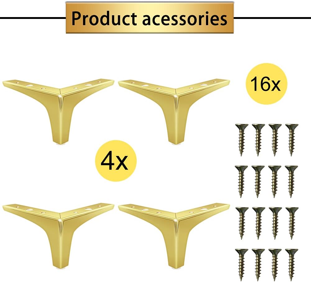 GOSCHE Patas doradas para muebles de 4 pulgadas, juego de 4 patas de sofá de metal, patas de repuesto de estilo moderno para tocador, silla, cama,