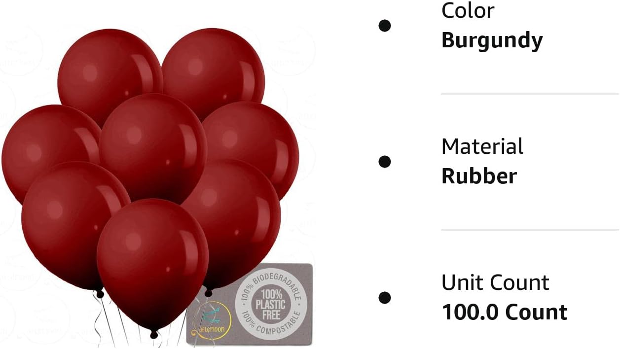 AFTERLOON – Mini globos biodegradables, 100 unidades, color vino tinto de 5 pulgadas, color mate grueso extra fuerte de látex, flotador de helio,