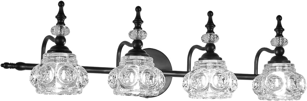 Lámpara de tocador de 4 luces, iluminación de baño, superficie negra pintada con pantalla de cristal grueso, luz de tocador vintage para baño