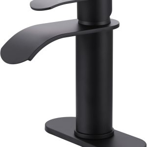 WOWOW Grifo de baño en cascada negro mate grifo de lavabo de baño para 1 agujero o 3 agujeros, grifo de tocador de una sola manija con drenaje WOWOW Grifo de baño en cascada negro mate grifo de lavabo de baño para 1 agujero o 3 agujeros, grifo de tocador de una sola manija con drenaje