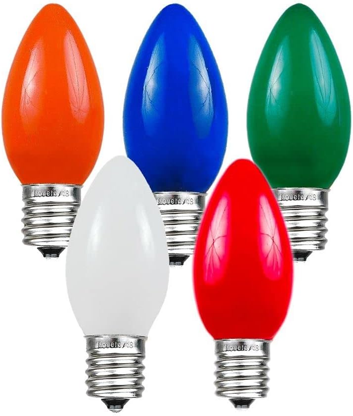 Novelty Lights Paquete de 25 bombillas de repuesto de cerámica C9 para exteriores, multicolor, base intermedia E17C9, 7 W