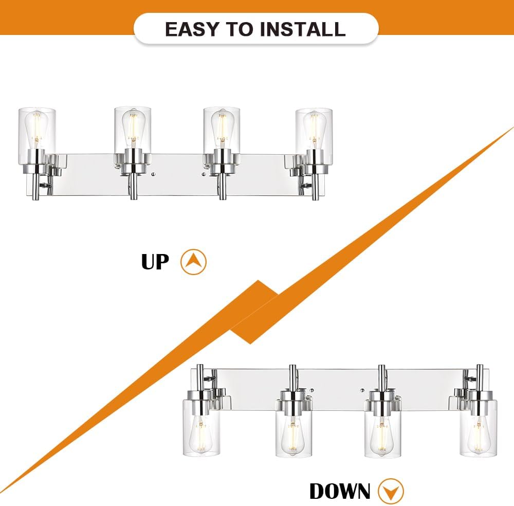 VINLUZ Iluminación de baño moderna con pantalla de vidrio transparente Lámparas de tocador de 4 luces Apliques industriales de pared con acabado