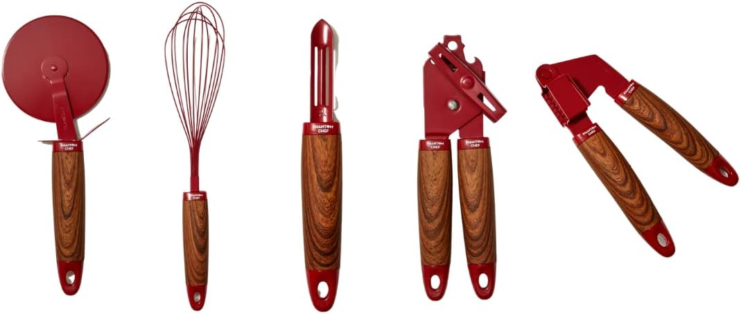 Phantom Chef 5 Piece Kitchen Gadget Set  Pizza Cutter, Egg Whisk, Vegetable Peeler, Can Opener, Garlic Press  Stainless Steel  With Soft Touch Faux