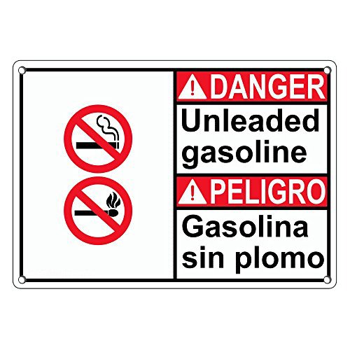 Cartel de gasolina sin plomo ANSI Danger Unleaded Gasoline de plástico resistente a la intemperie con texto y símbolo en inglés y español