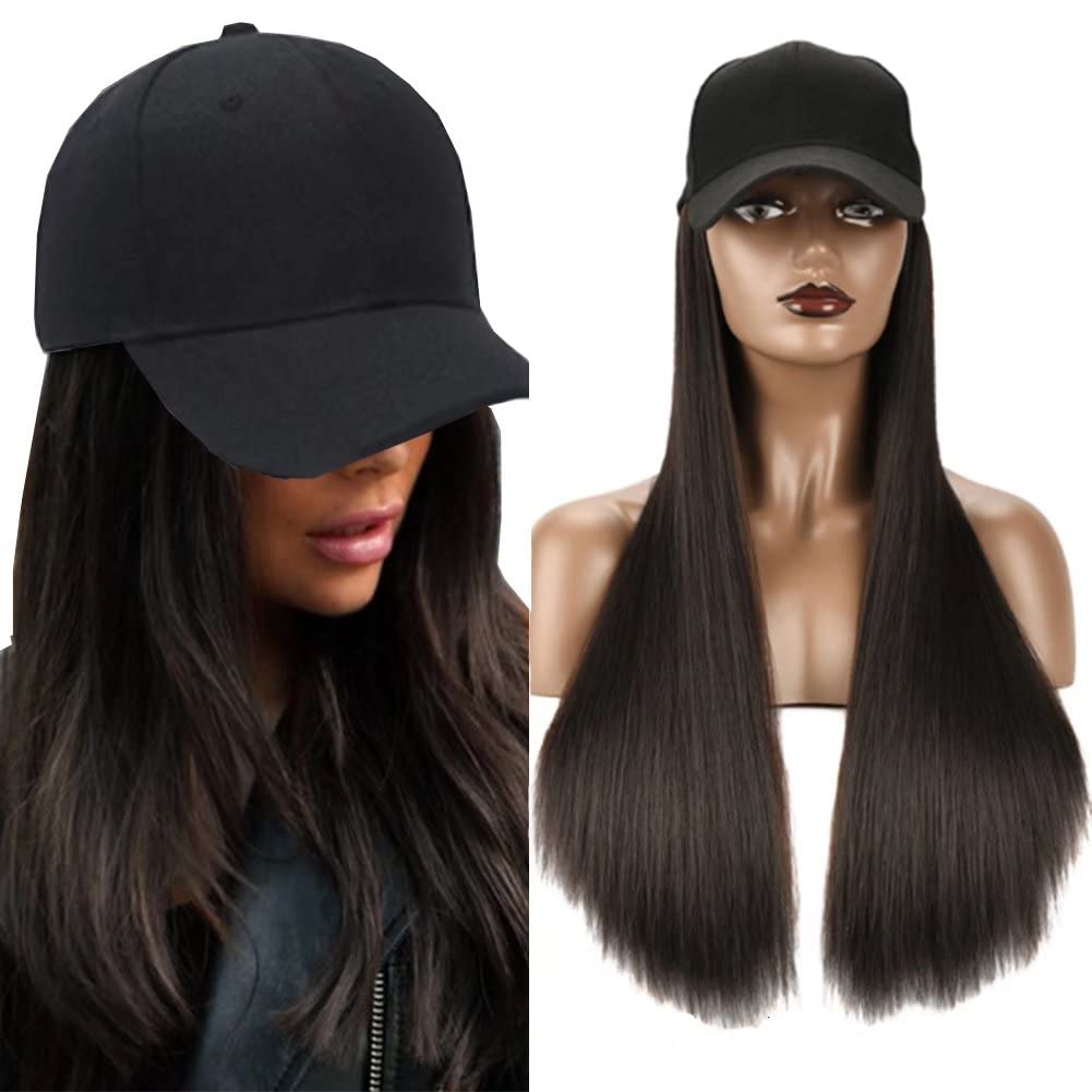 iLUU Peluca y gorro de béisbol con extensiones de cabello sintético con sombrero negro adjunto con 24 pulgadas, extensiones de cabello liso y liso