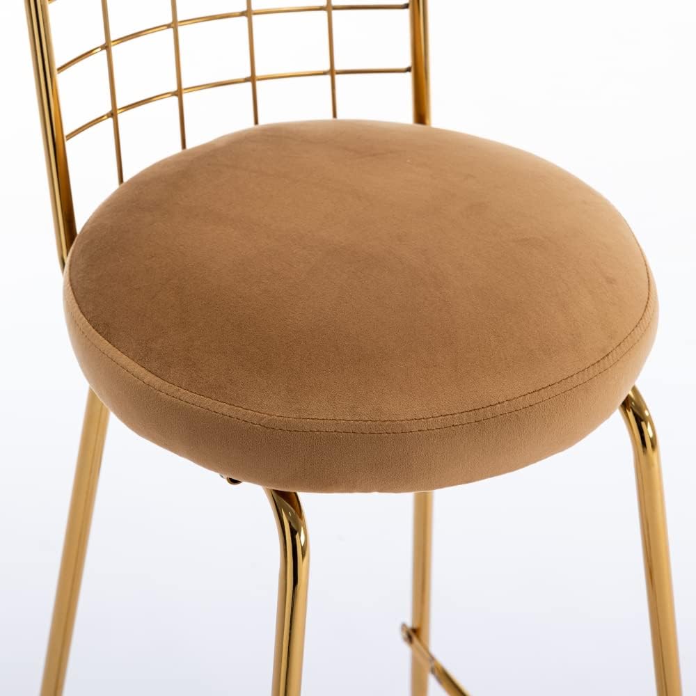 Juego de 2 taburetes altos de terciopelo de lujo con patas de metal y respaldo suave, sillas modernas de comedor sin brazos, taburetes de bar para