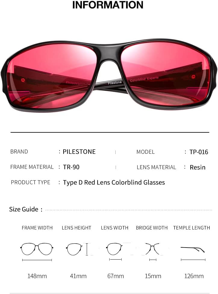 Pilestone TP-016 Lens D Color Blind Gafas estilo deportivo para uso en interiores y exteriores de ceguera roja mediafuerte, Negro –