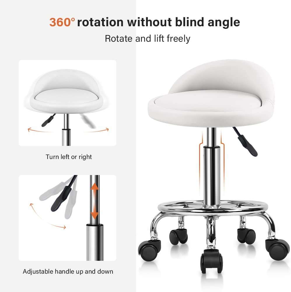 KKTONER Taburete rodante redondo de cuero sintético con reposapiés, altura ajustable, giratoria, trabajo, SPA, silla de tareas con ruedas (blanco)