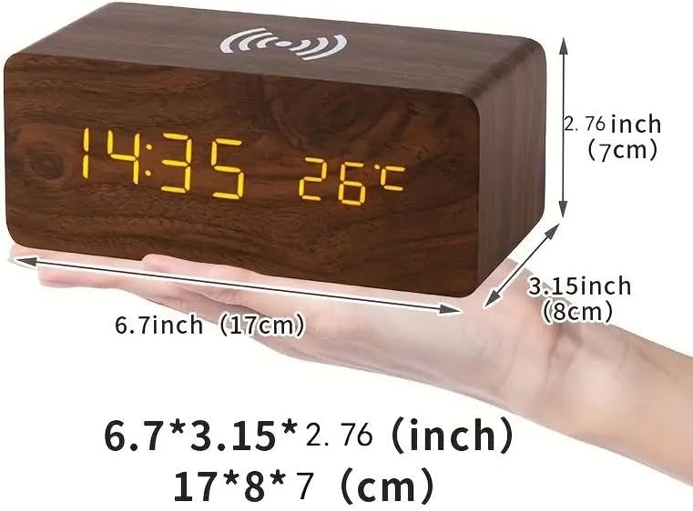 Reloj despertador digital, pantalla LED electrónica de madera, 3 ajustes de alarma, carga inalámbrica de 18 W, día de la semana, detección de