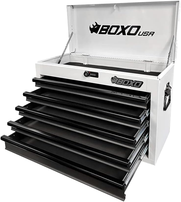 Boxo USA – Caja de herramientas de transporte manual con 5 cajones de 26 pulgadas, caja de herramientas de acero resistente con sistema de bloqueo