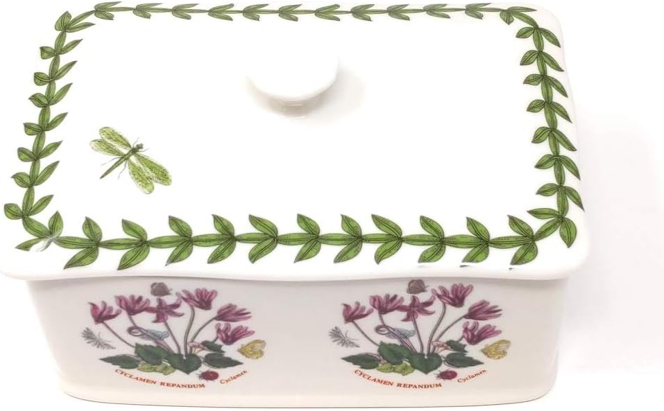 Portmeirion Botanic Garden – Mantequillera de 6 pulgadas con tapa de perilla, varios motivos florales, porcelana, apto para lavavajillas, horno