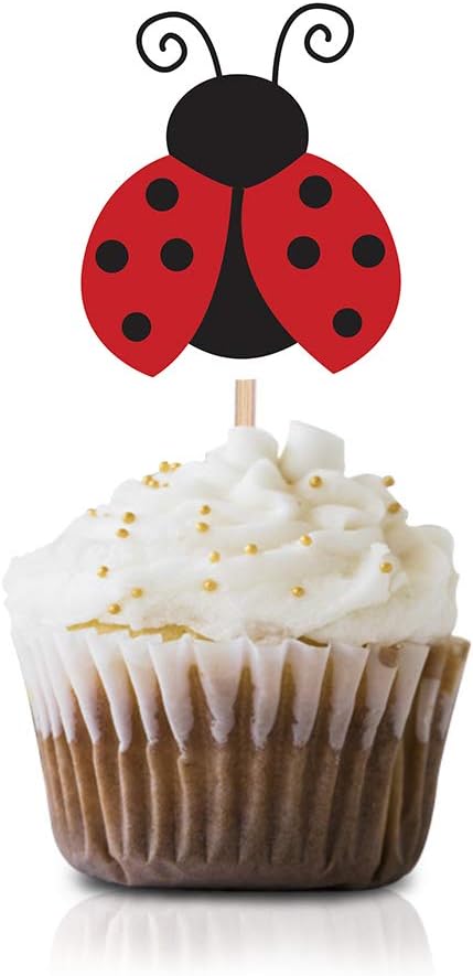 Juego de 24 palillos para cupcakes, mariquitas rojas para baby shower, fiesta de cumpleaños