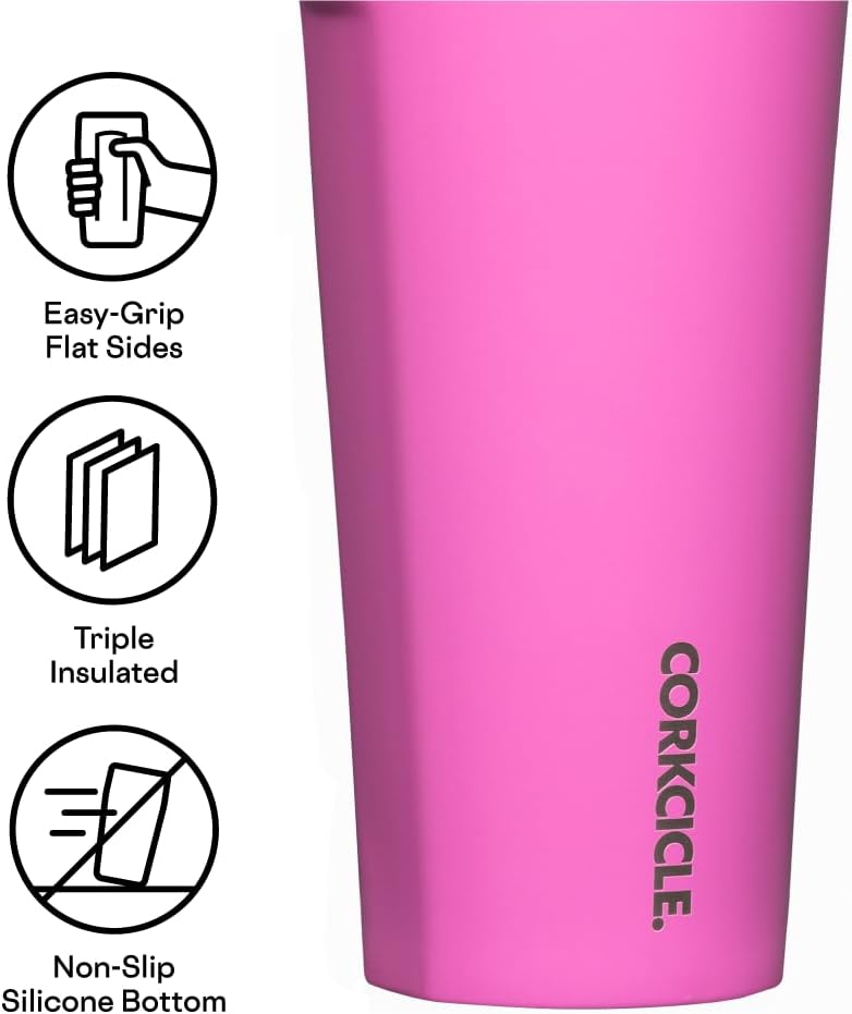 Corkcicle Taza de café clásica con triple aislamiento con tapa, rosa Miami, 24 onzas, vaso de viaje de acero inoxidable mantiene las bebidas frías