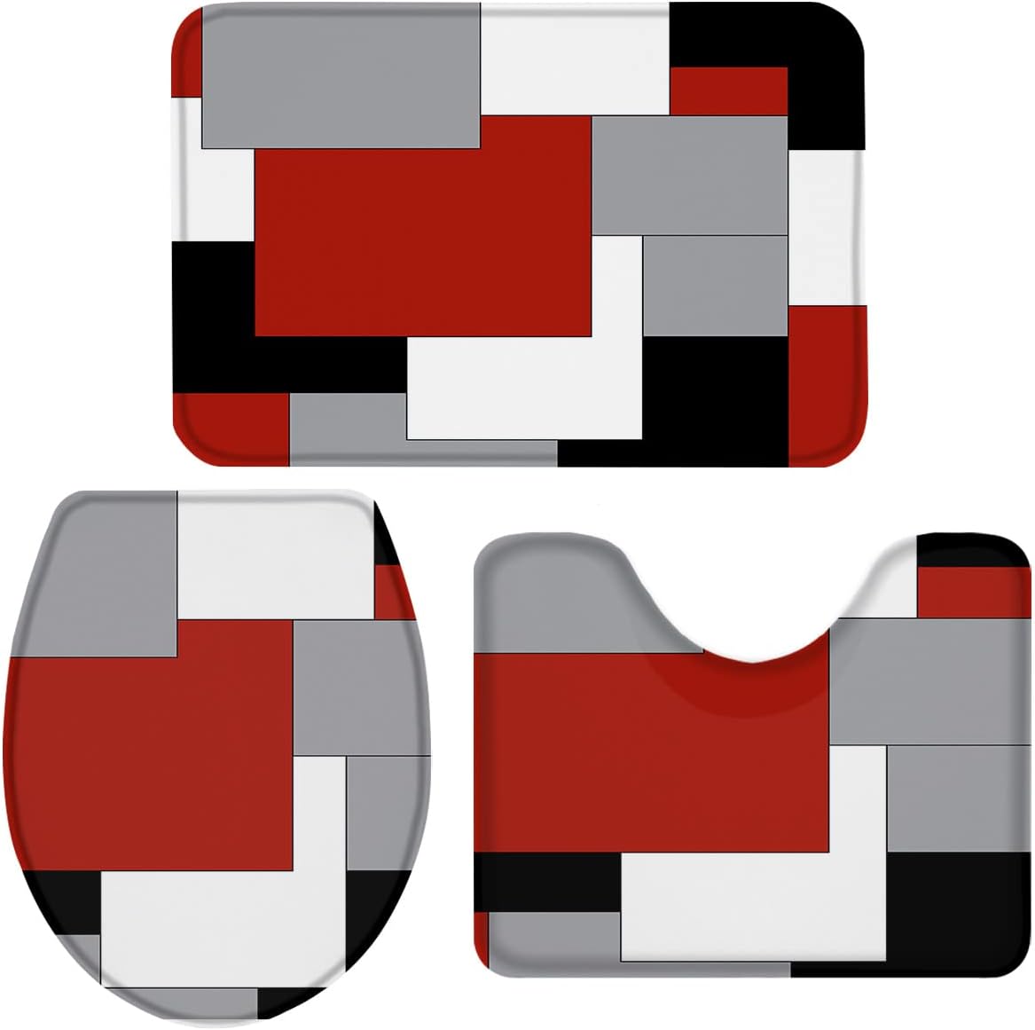Queenker Juego de 3 alfombras de baño geométricas rojas, funda de asiento de inodorotapete de piso de bañoalfombra de contorno para baño, negro,