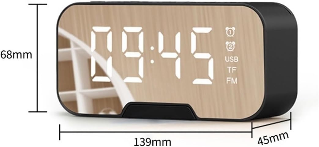 Reloj despertador, material ABS, espejo multifunción, altavoz Bluetooth con radio FM, subwoofer inalámbrico, reproductor de música, reloj de mesa,