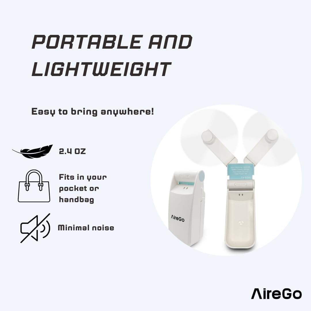 AireGo Mini ventilador de mano portátil, plegable, batería recargable por USB, dos velocidades de viento, viajes, al aire libre, deportes, oficina
