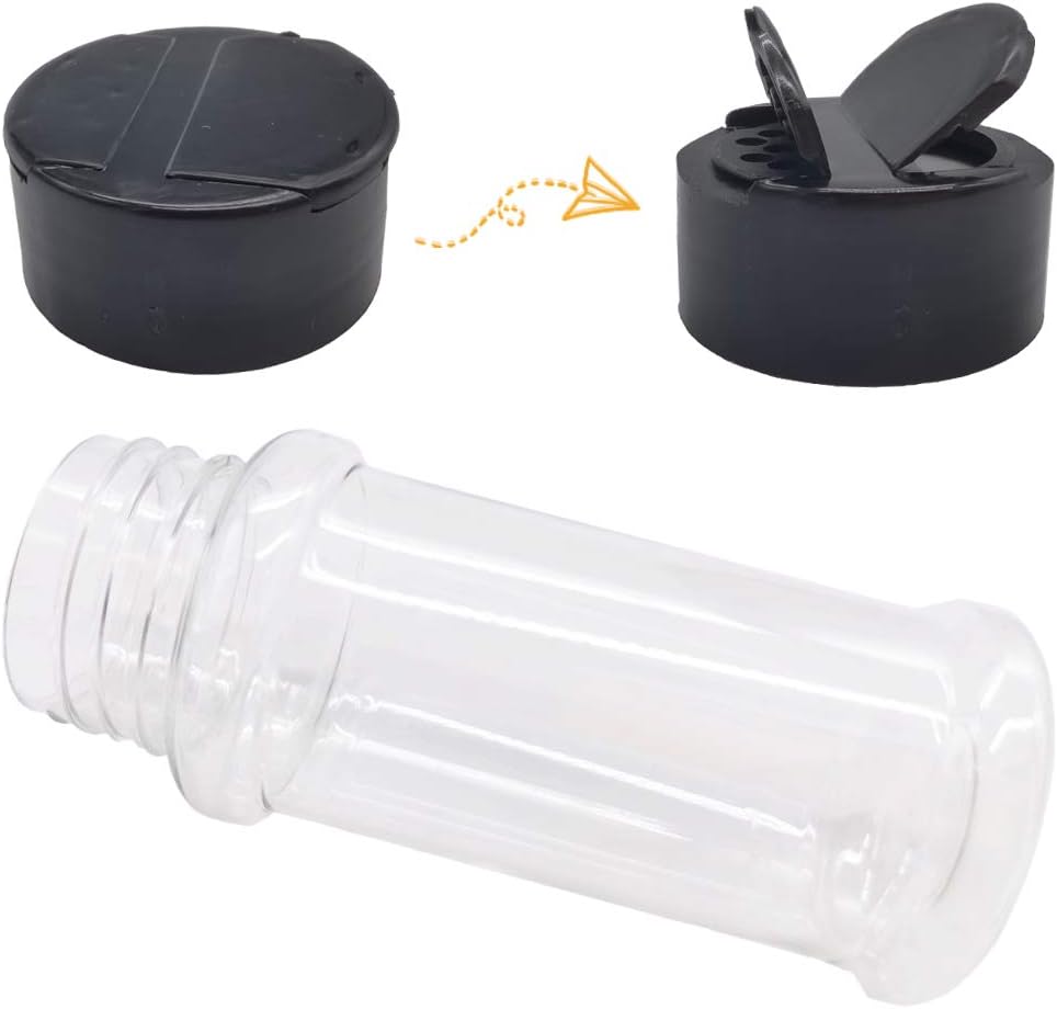 OJYUDD Paquete de 16 botellas de plástico para especias de 3.4 onzas, recipientes vacíos con tapa negra, recipientes transparentes reutilizables