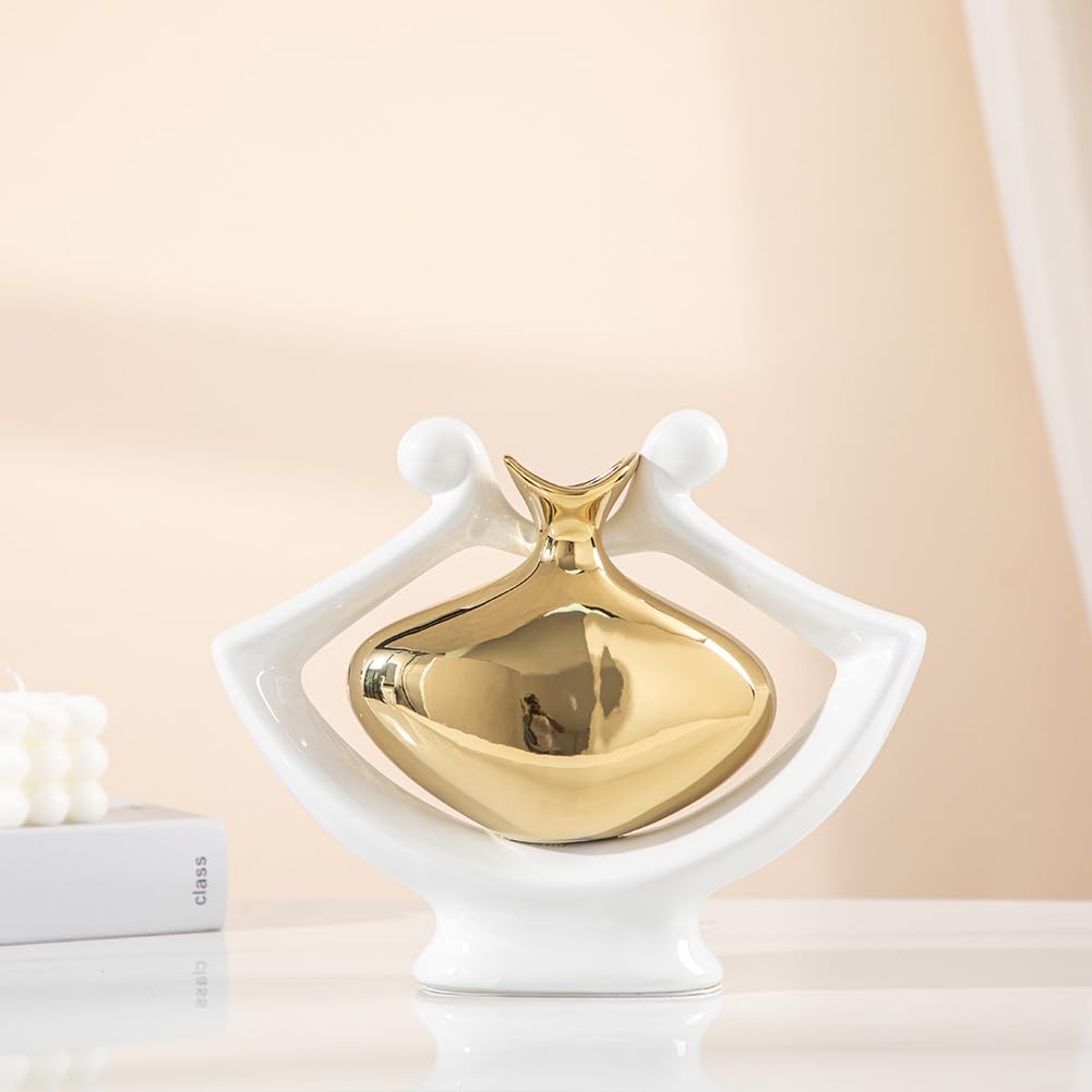 Anding Jarrón de cerámica blanco y dorado, jarrón moderno de decoración del hogar, jarrón de hierba de pampas, adecuado para centro de mesa,