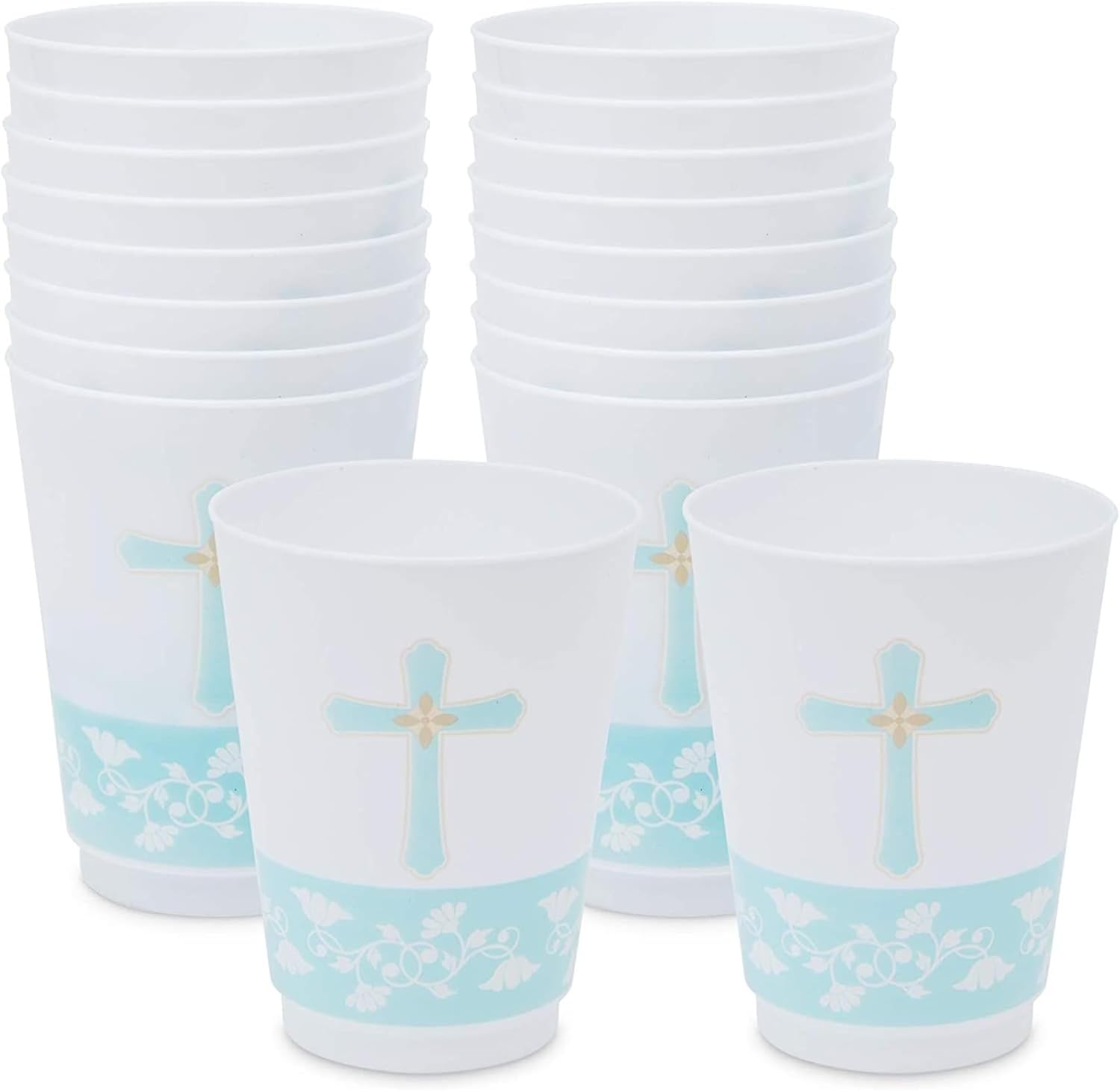 Sparkle and Bash Paquete de 16 vasos de 16 onzas con cruz azul, vasos de plástico para bautismo, decoraciones de primera comunión, suministros para
