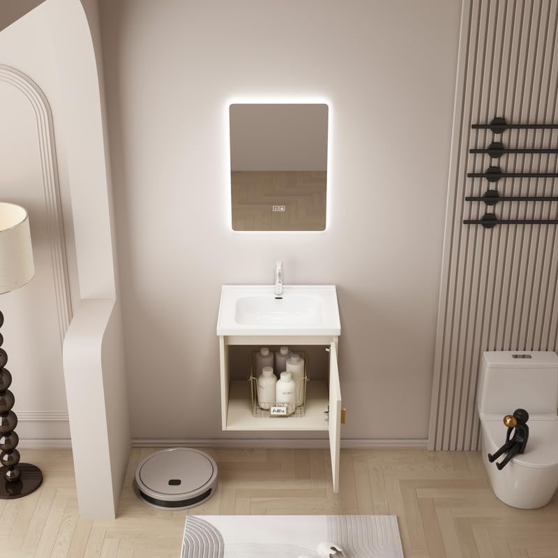 Tocador de baño pequeño de 20 pulgadas montado en la pared, pequeño tocador de baño con fregadero de cerámica, tocador de baño moderno con cajones