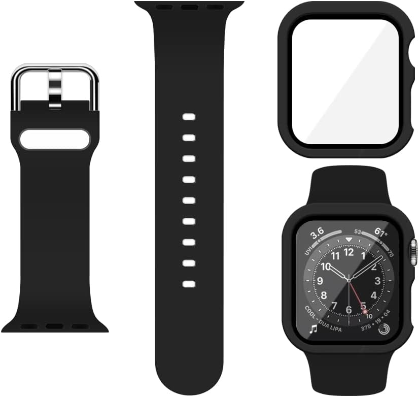 XFEN Correa de silicona deportiva y funda con protector de pantalla para Apple Watch Series 9, Series 8, Series 7, Series 6, SE, Series 5, Series 4