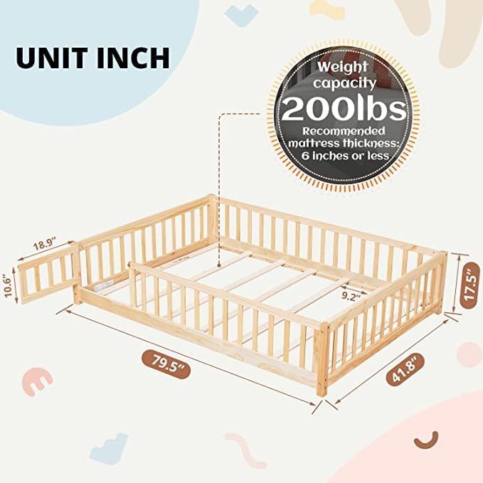 i-POOK Cama de plataforma Montessori de tamaño individual, marco de cama con barandillas en forma de valla y plataforma de madera maciza con 7