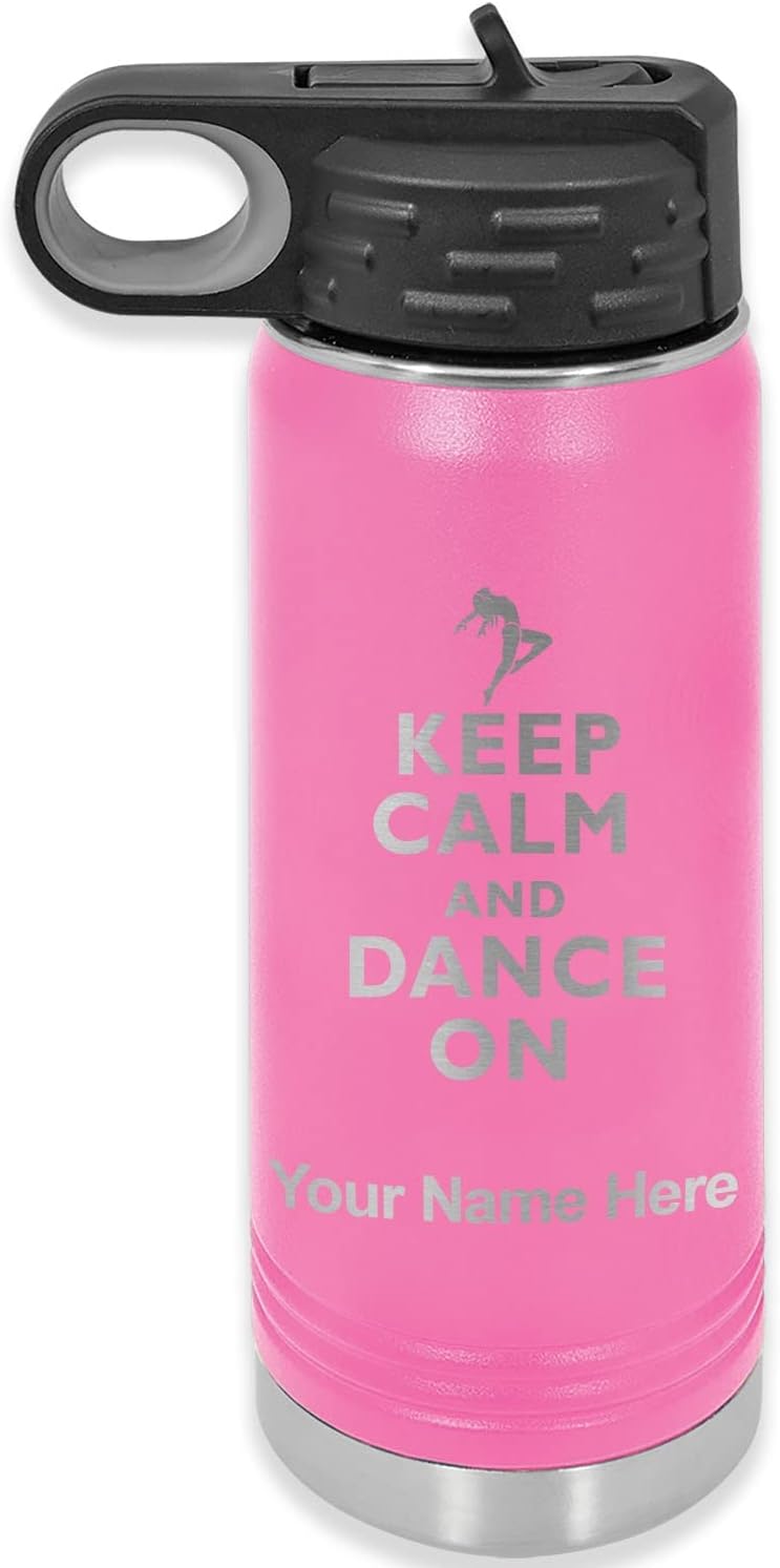 LaserGram Botella de agua de doble pared con tapa abatible de 20 onzas con pajita, mantén la calma y baila, grabado personalizado incluido (rosa)
