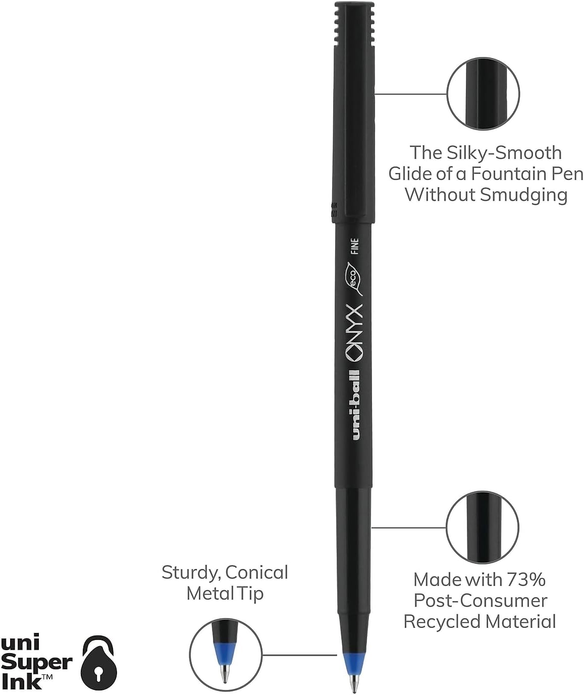 uni-ball Onyx – Bolígrafos de punta fina, 0.028 in, barril negro, tinta azul, paquete de 12 unidades