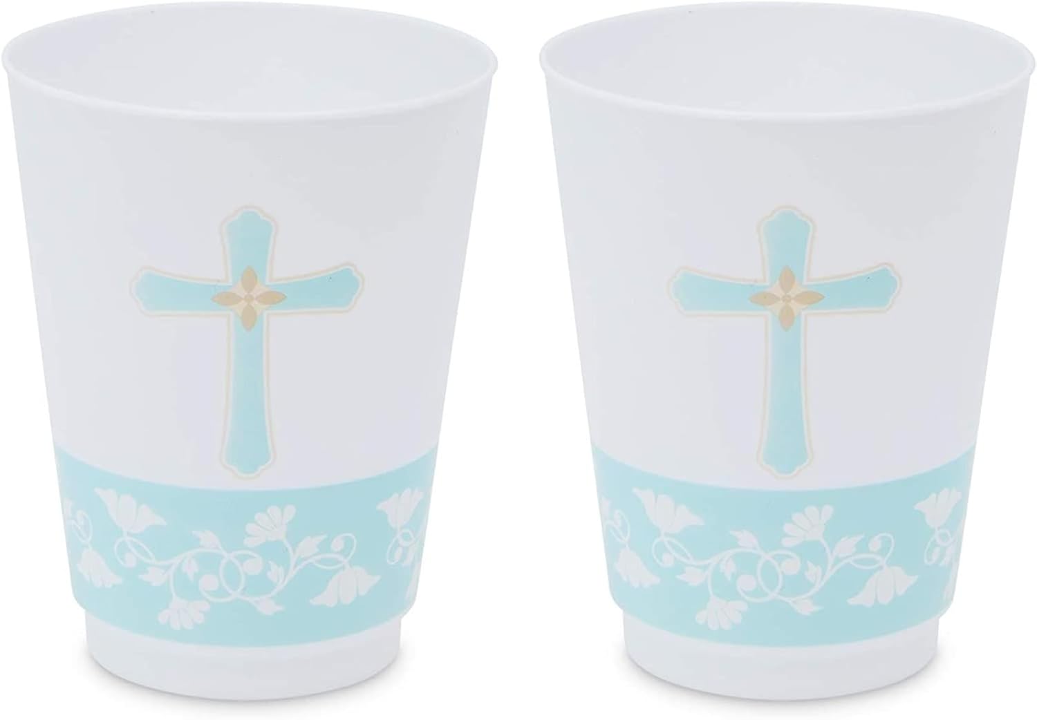 Sparkle and Bash Paquete de 16 vasos de 16 onzas con cruz azul, vasos de plástico para bautismo, decoraciones de primera comunión, suministros para