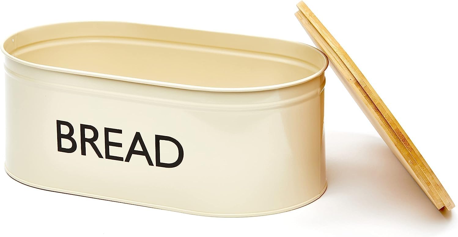RoyalHouse Panera de metal prémium con tapa de bambú, contenedor grande de acero inoxidable para almacenamiento y organizador para encimera de
