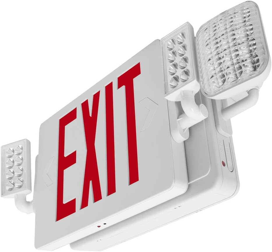 LFI Lights  Letrero de salida rojo combinado delgado con luces de emergencia  Carcasa blanca  Todos los LED  Dos cabezales ajustables  cableado con