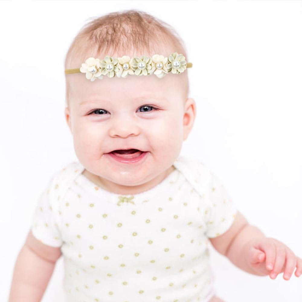 Cinaci 5 diademas de nailon súper elásticas y suaves con flores, para bautizo, tiaras florales, coronas, accesorios para el cabello para recién