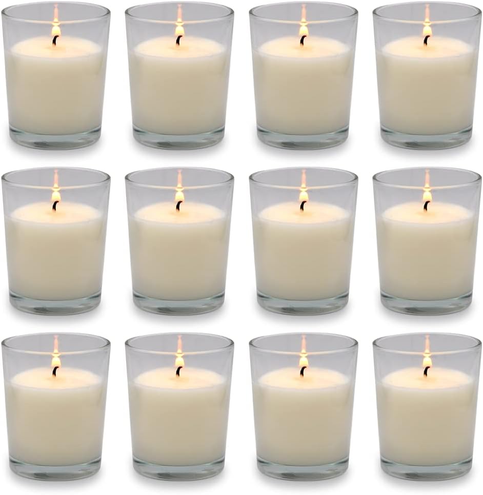 Kingyo Paquete de 12 velas votivas rellenas de vidrio transparente blanco sin perfume, 12 horas de tiempo de combustión, perfectas para recepciones