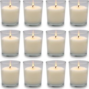 Kingyo Paquete de 12 velas votivas rellenas de vidrio transparente blanco sin perfume, 12 horas de tiempo de combustión, perfectas para recepciones Kingyo Paquete de 12 velas votivas rellenas de vidrio transparente blanco sin perfume, 12 horas de tiempo de combustión, perfectas para recepciones