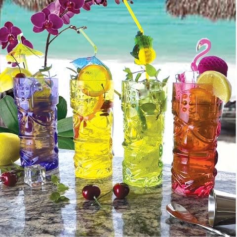 Lily’s Home Juego de 4 vasos Tiki  Ideal para cócteles exóticos, Highball  Juego único de vasos Tiki Bar y Bar de cocina, juego de vasos de vidrio y