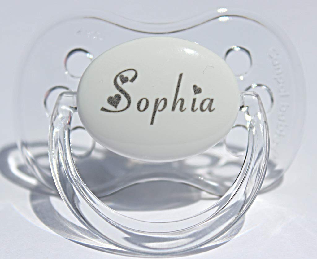 Chupete personalizado con nombre, paquete de 2 unidades con purpurina rosa y blanco, (disponible de 0 a 6 meses y 6 a 18 meses), chupete grabado,