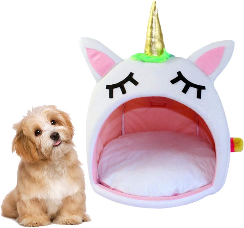 Hemobllo Cama para animales pequeños, cama suave y cálida para mascotas para invierno, linda tienda de campaña de unicornio, perro, gato, cama para