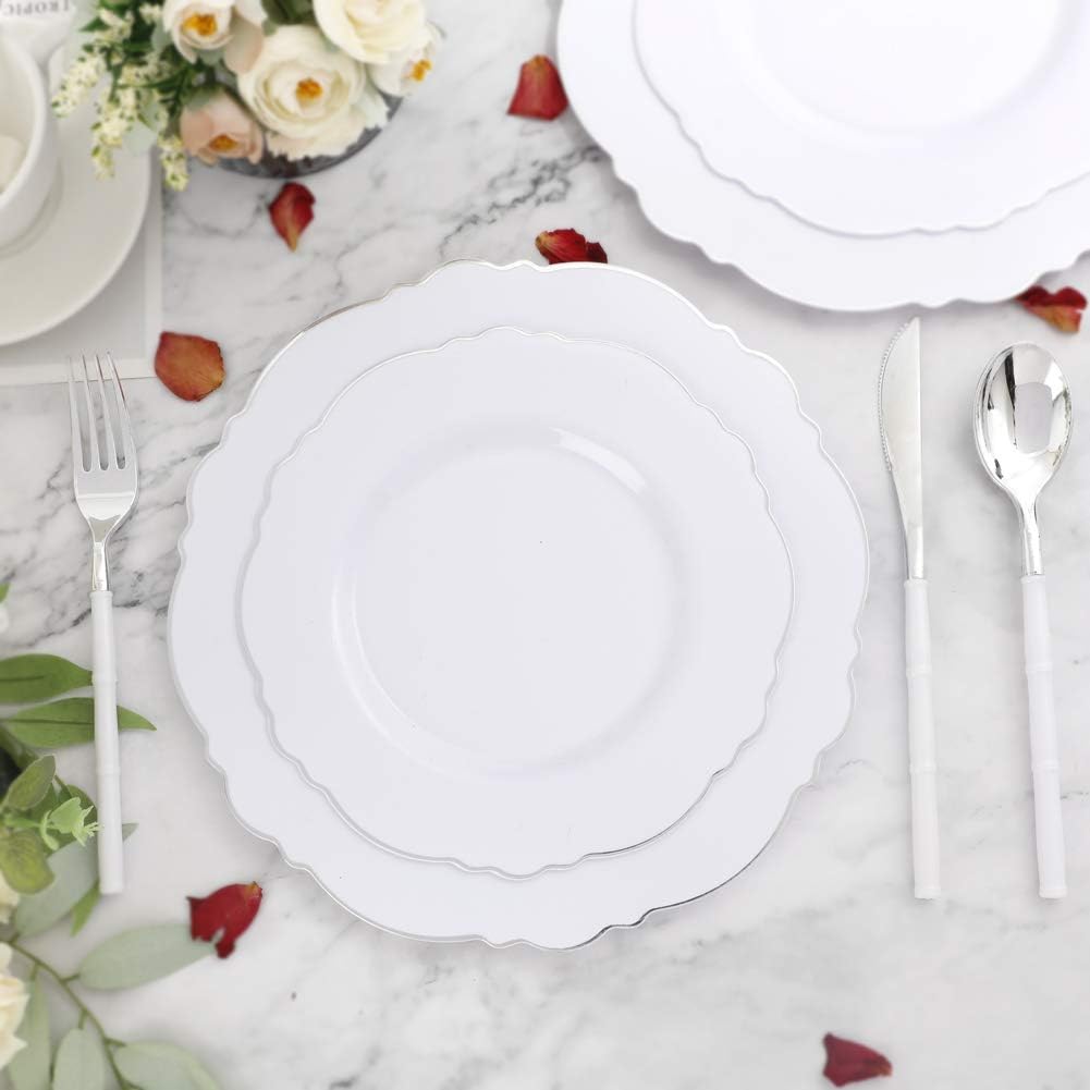 WDF – 125 platos cuadrados negros de plástico con borde dorado y cubiertos desechables dorados, vajilla de plástico que incluye 25 platos de cena de