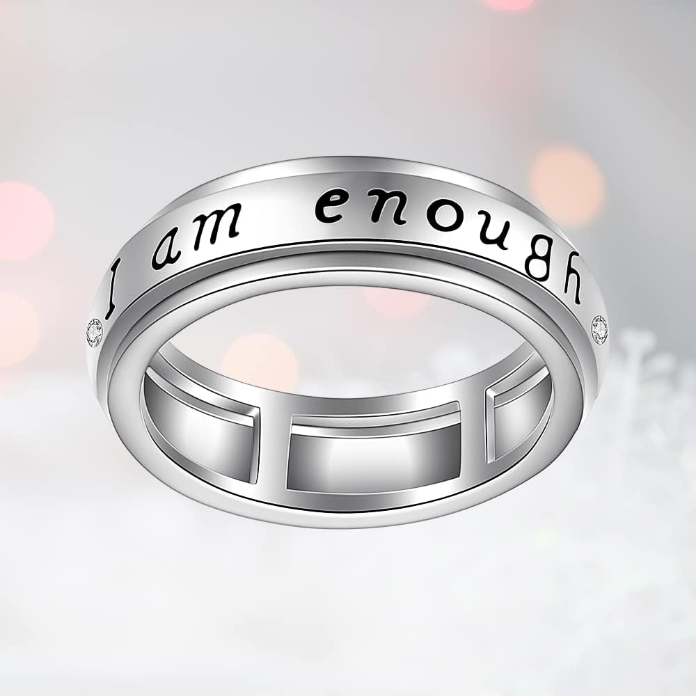 Anillo giratorio para ansiedad de plata de ley con giro de preocupación a juego con la promesa de compromiso I Am Enough Spinner Fidget anillos para