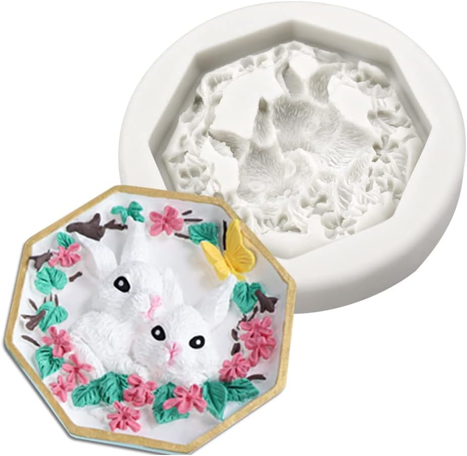 Moldes de silicona con flores y conejos para manualidades, pasteles, fondant, galletas, azúcar, pudín, chocolate, dulces, decoración de postre