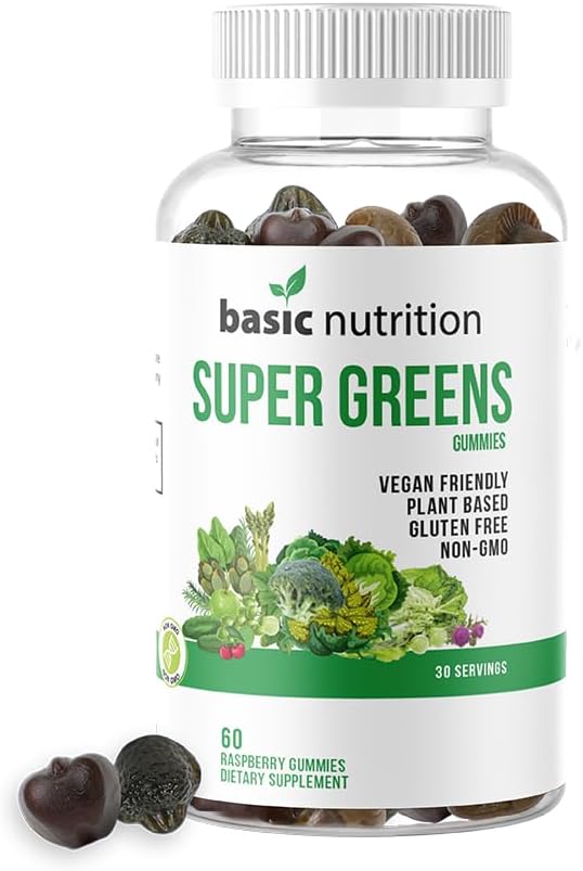 Basic Nutrition SuperGreens – Gomitas mezcladas con vitaminas esenciales, sabor natural a frambuesa, apoya las funciones digestivas, hepáticas e
