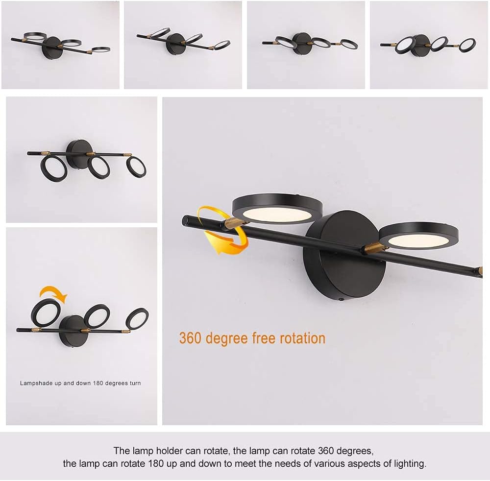 Joosenhouse Bombilla negra de 3 luces, apliques de pared LED en el baño hacia arriba o hacia abajo, lámpara de baño giratoria de 21.26 pulgadas,
