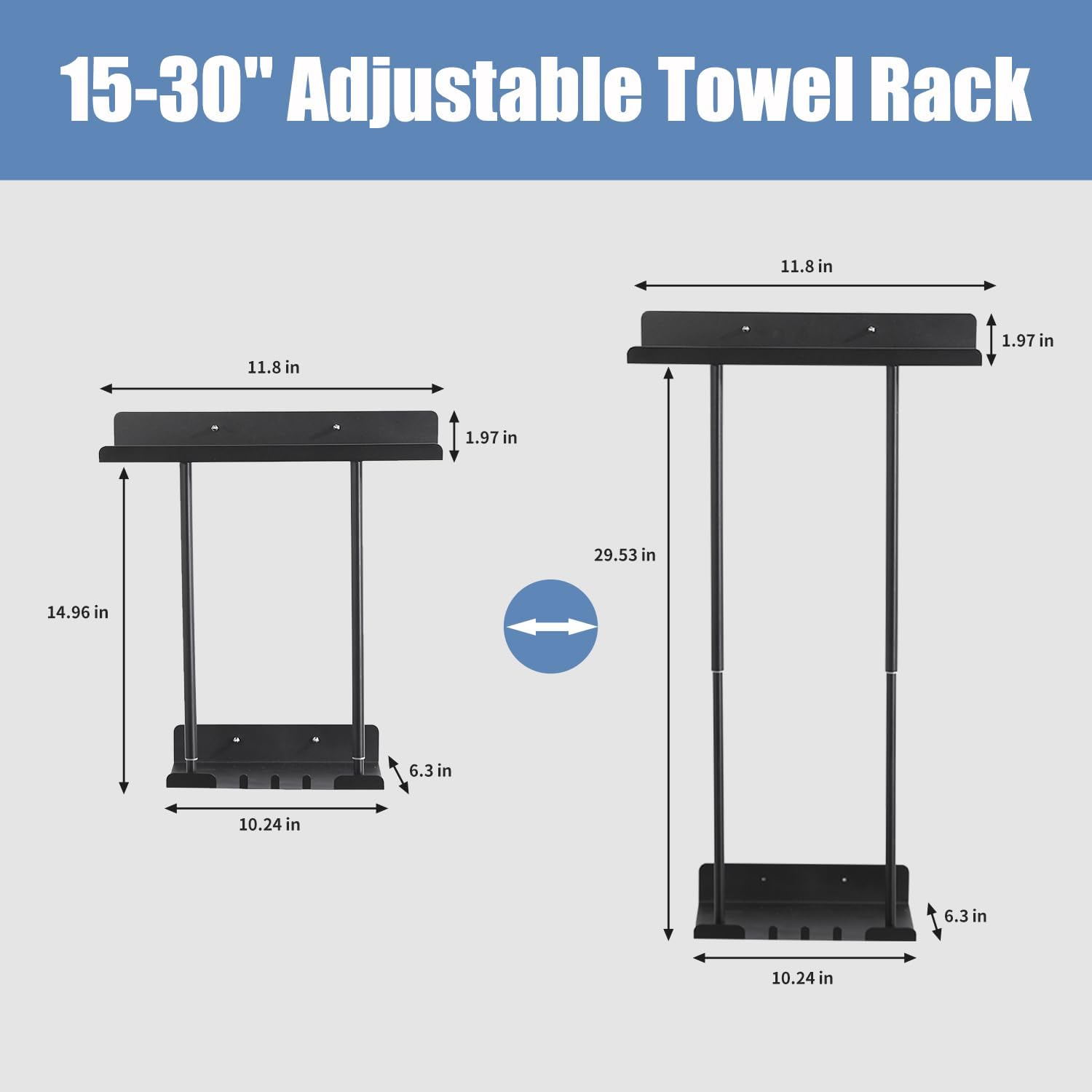 Toalleros para baño montados en la pared, toallero ajustable de 15-30 pulgadas con estante, 3 ganchos y para toallas enrolladas, almacenamiento de