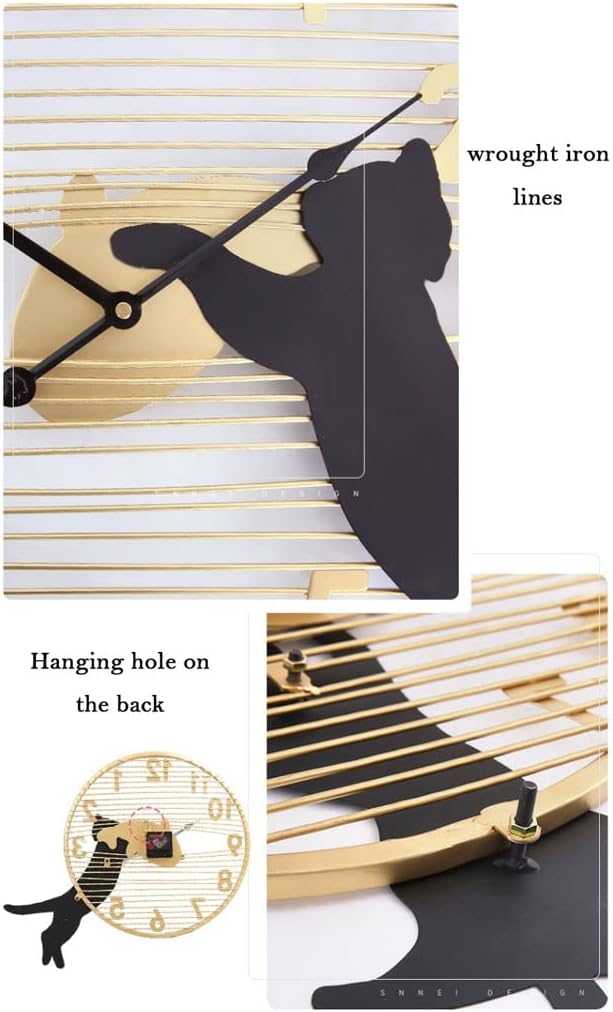 Reloj de pared Cat Wall Art Clock Modern Simple Silent Large Wall Clock Black & Gold Creative Wrought Iron Lines Wall Clock Funny Unique Gifts for