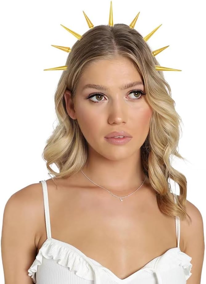 Diadema de diosa con corona de halo, tiaras de pico dorado, aro de metal dorado, accesorios de tocado de Mary para mujer, tocado con explosión de