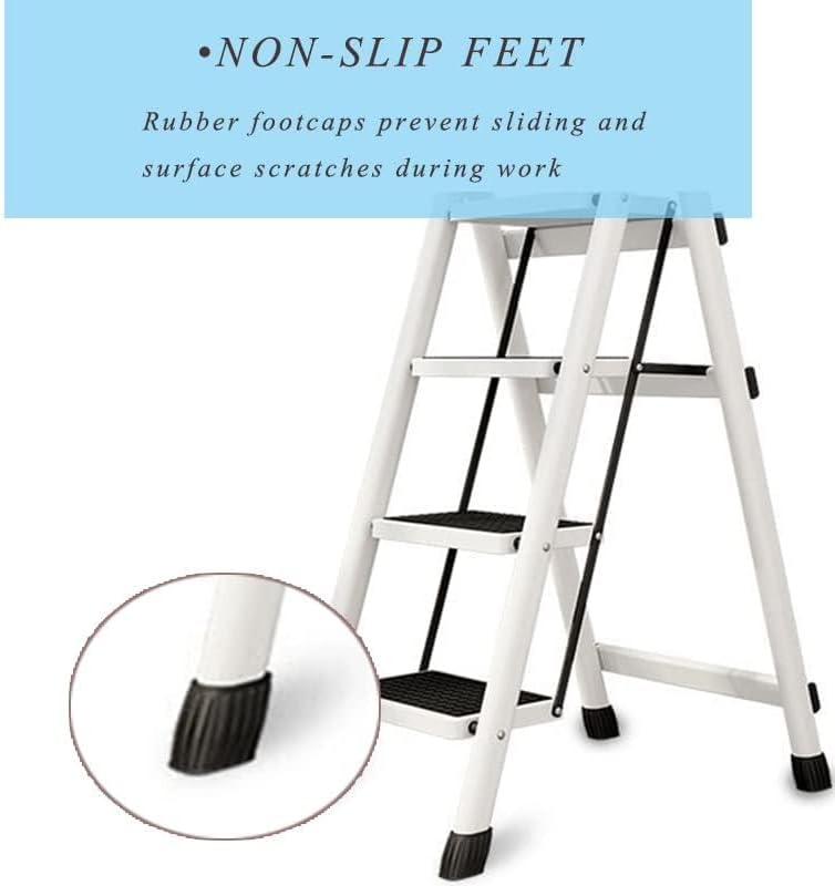 HDHNBA Escalera portátil blanca y negra, taburete plegable con pedal antideslizante ancho, escalera ligera de capacidad de carga de 330 libras,