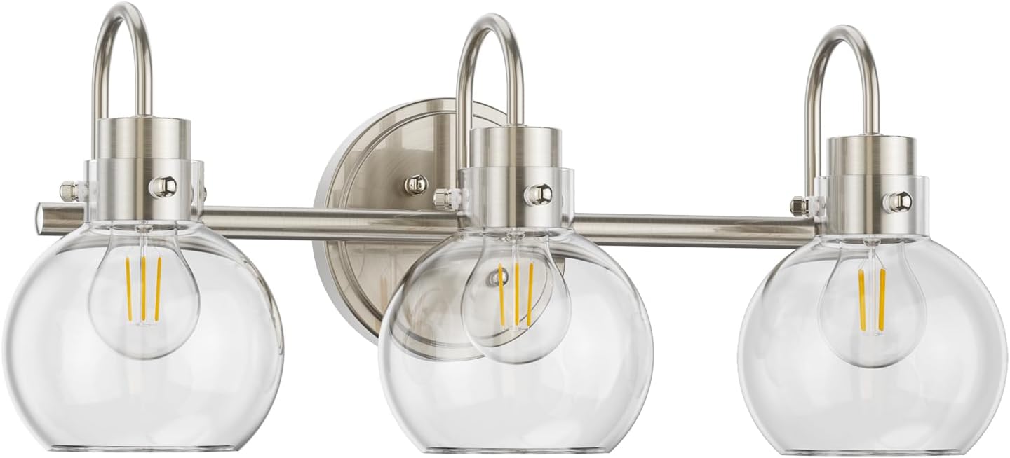 Lámpara de tocador de 3 luces, lámparas de baño de níquel cepillado, apliques de pared de granja con pantalla de vidrio transparente de globo,