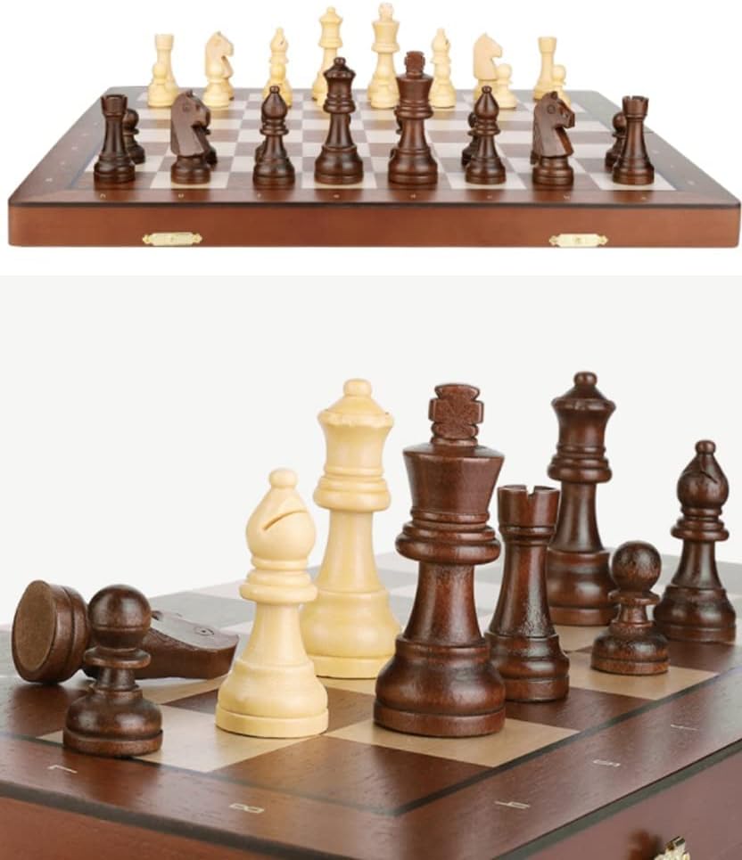 ROLTIN Juego de ajedrez magnético de madera, hecho a mano, portátil, plegable, con ranuras de almacenamiento, juego de ajedrez para principiantes